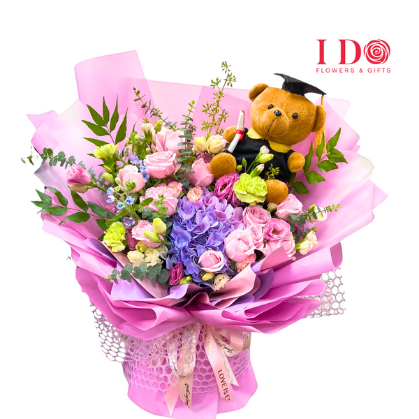 Graduation Bouquet with hydrangea and Graduation Bear