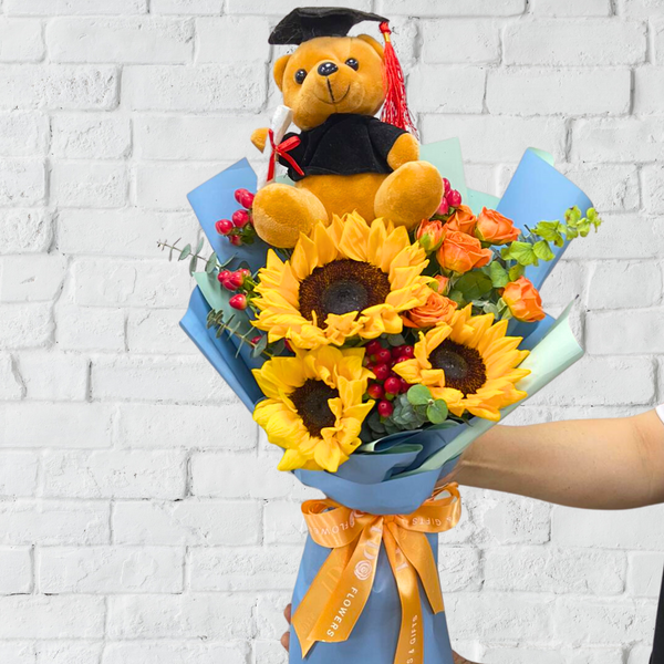 Graduation Bouquet with Sunflowers and Graduation Bear AGB 5