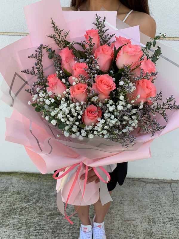 12 Fresh Pink Roses Bouquet